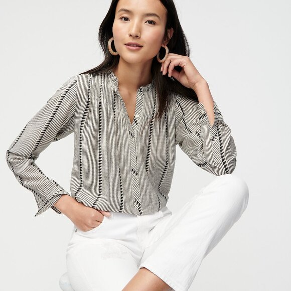 J.Crew AB598 Black Ruffle neck Popover Top Blouse Shadow Stripe XS 0 2 - Picture 1 of 15